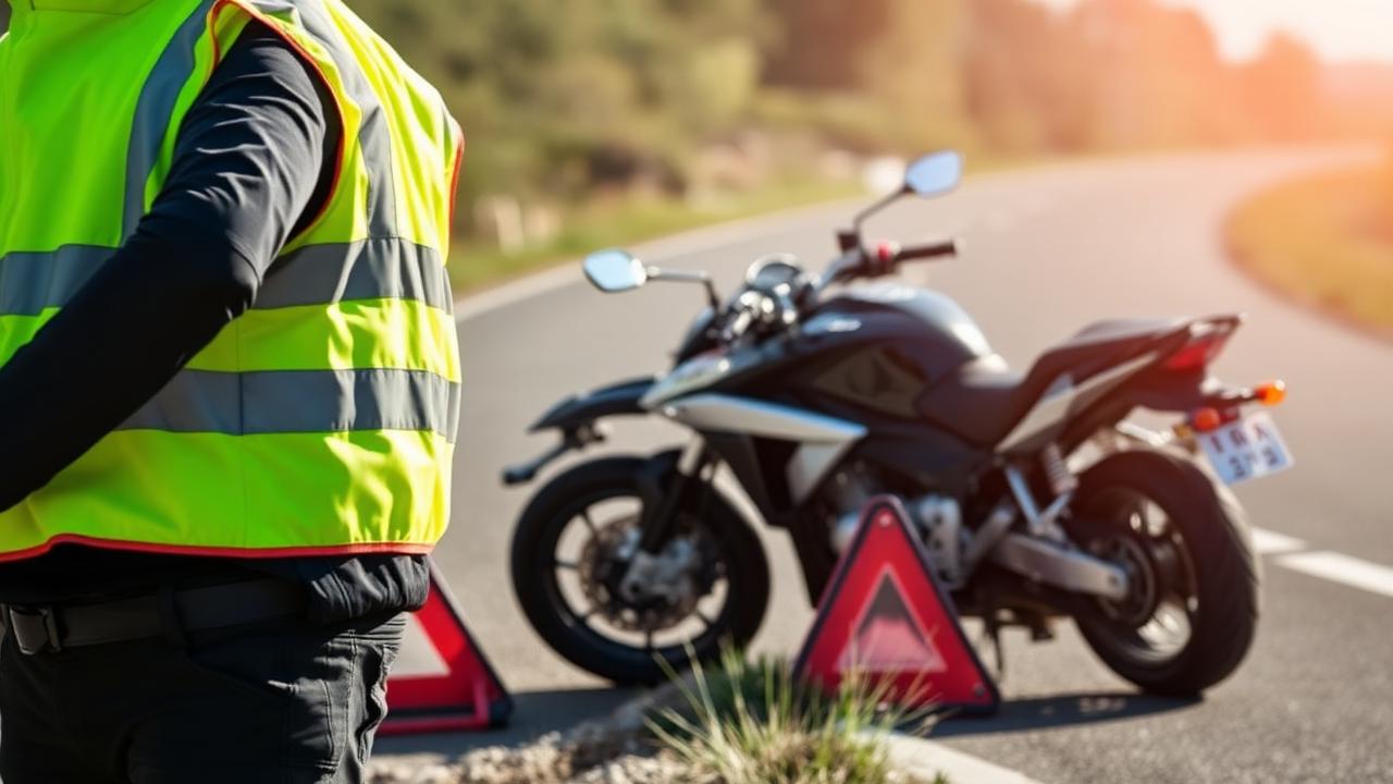 Motard en gilet fluo à côté de sa moto en panne, triangle de signalisation