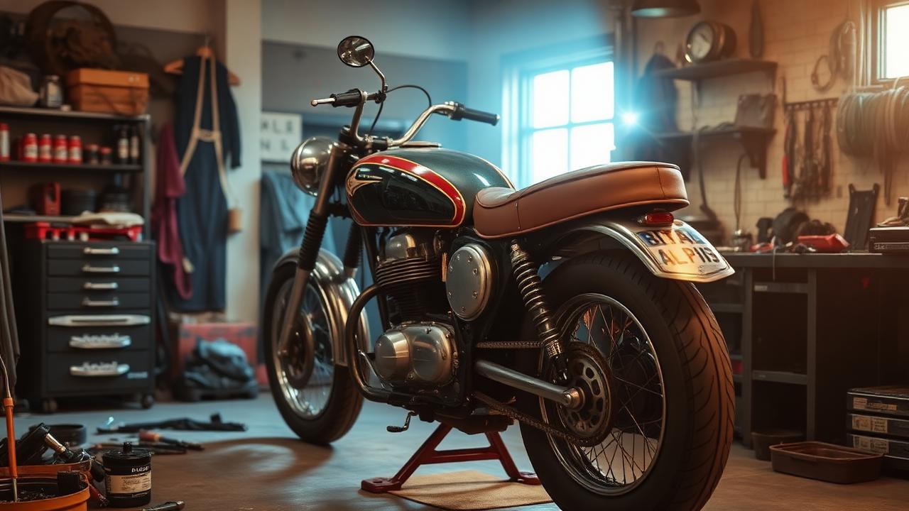 Moto ancienne en cours de restauration dans un atelier