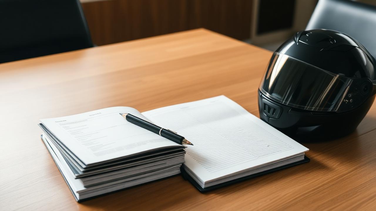 Dossiers juridiques et casque moto sur une table de réunion