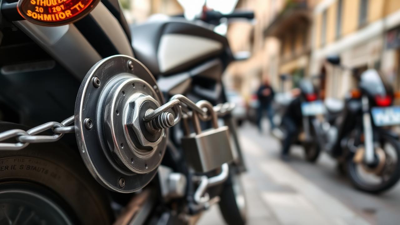 Antivol et chaîne de sécurité sur une moto garée en rue
